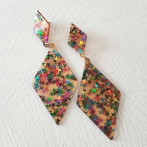 Multicolored iridescent star confetti acrylic resin dangle earrings colorful!